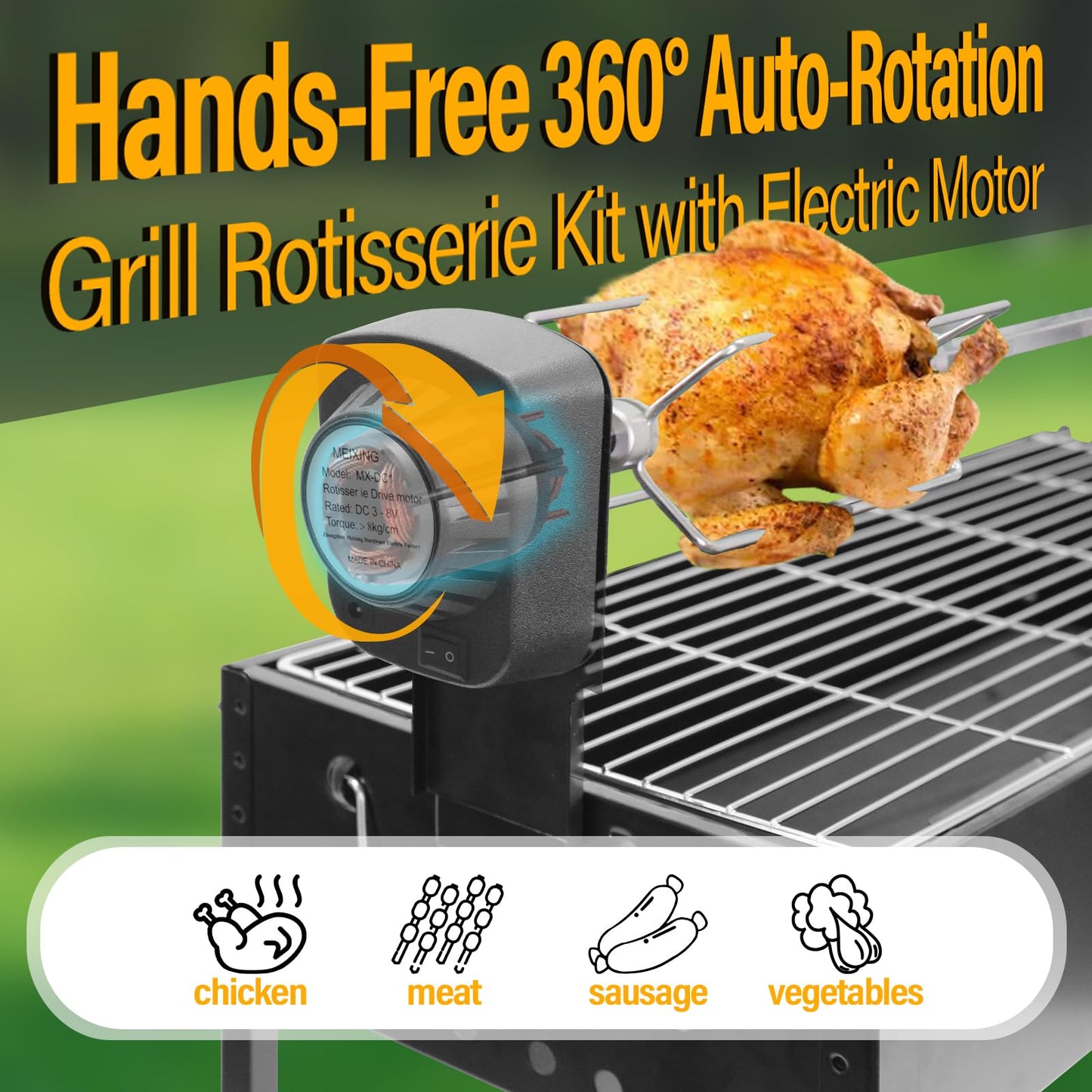 BESTHLS Barbecue Charcoal Grill with Electric Rotisserie Meat Forks & 6-Piece Skewer Set for Outdoor Cooking Camping Hiking Picnics Tailgating Backpacking or Any Outdoor Event