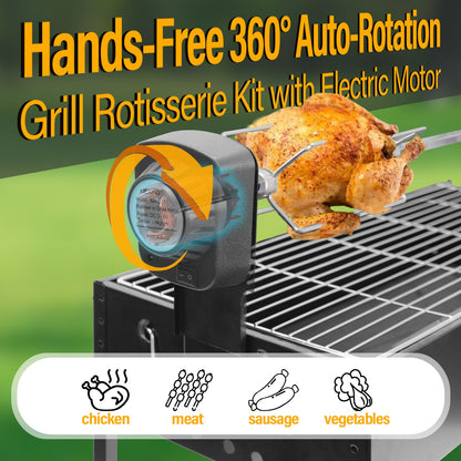 BESTHLS Barbecue Charcoal Grill with Electric Rotisserie Meat Forks & 6-Piece Skewer Set for Outdoor Cooking Camping Hiking Picnics Tailgating Backpacking or Any Outdoor Event