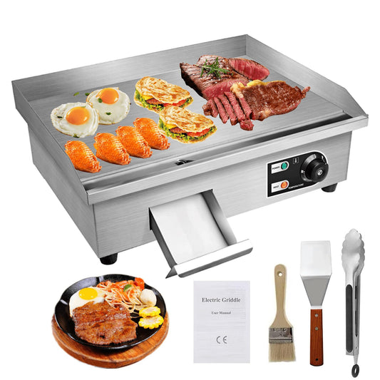PROMOTOR 22" Electric Countertop Flat Top Griddle 1600W 110V Non-Stick Commercial Restaurant Teppanyaki Grill Stainless Steel Adjustable Temperature Control 50~300℃