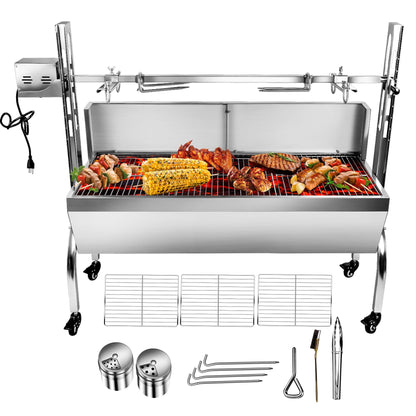 176LBS Stainless Steel Rotisserie Grill Roaster Small Pig Lamb with Back Cover Guard 25W Motor for Camping Outdoor BBQ Silver