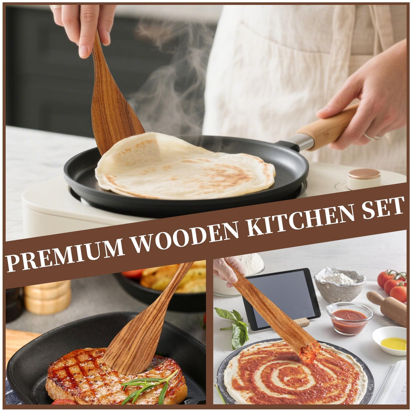 EOHASA 3Pcs Wood Spatulas for Cooking, Natural Teak Wooden Utensil Set - Flat Spatula Turner, Wood Spatula for Right Hand, Wooden Scraper Flipper, Non Toxic Heat Resistant kitchen essentials for Home