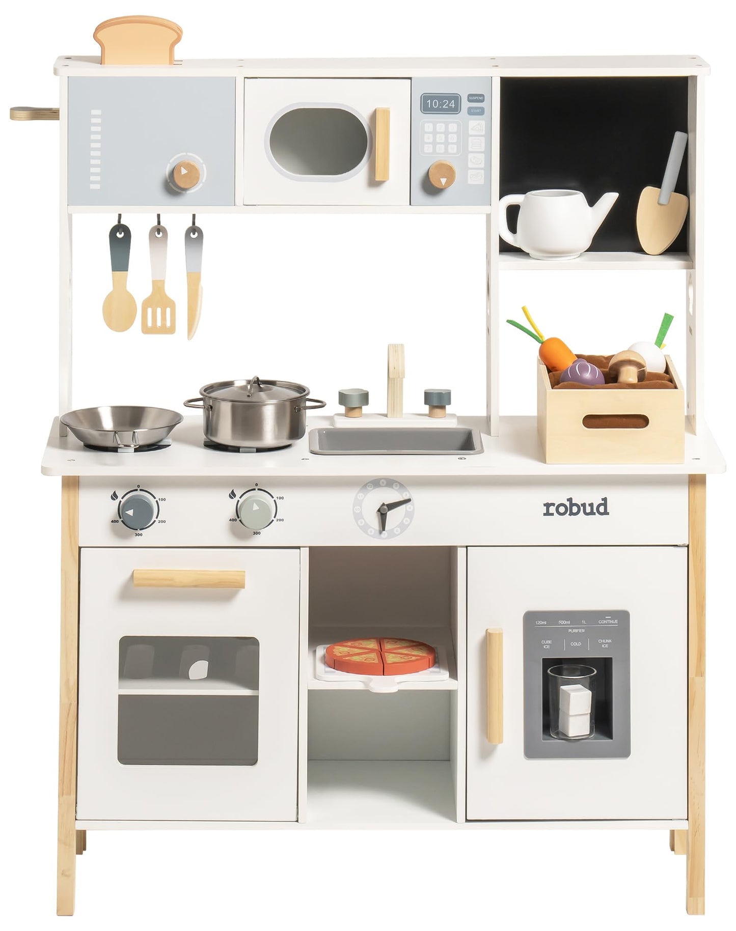 ROBUD Kids Play Kitchen - Wooden Toy Kitchen with Planting Box, Montessori Pretend Kitchen playset with Ice Maker and Pizza Oven for Toddlers 3-8