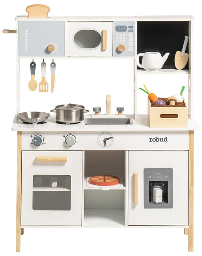 ROBUD Kids Play Kitchen - Wooden Toy Kitchen with Planting Box, Montessori Pretend Kitchen playset with Ice Maker and Pizza Oven for Toddlers 3-8