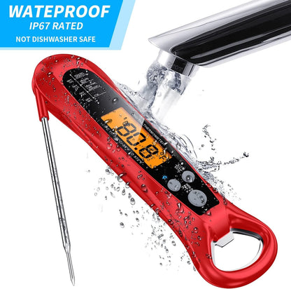 Meat Thermometer Digital, 1 Sec Instant Read, NIST Certified Accurate to ±0.5℉, Ultra Bright LED Screen, 100% Waterproof, Auto-Rotate, BBQ/Smoker/Candy, Valentines Gift, Red