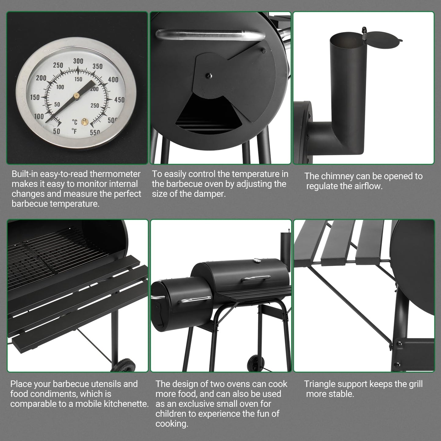 Outdoor Barrel BBQ Grill,Barrel Charcoal Grill with Offset Smoker, All Metal Outdoor Smoker with Side Table and Wheels for Outdoor Garden Patio and Backyard Cooking