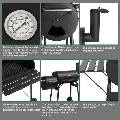 Outdoor Barrel BBQ Grill,Barrel Charcoal Grill with Offset Smoker, All Metal Outdoor Smoker with Side Table and Wheels for Outdoor Garden Patio and Backyard Cooking