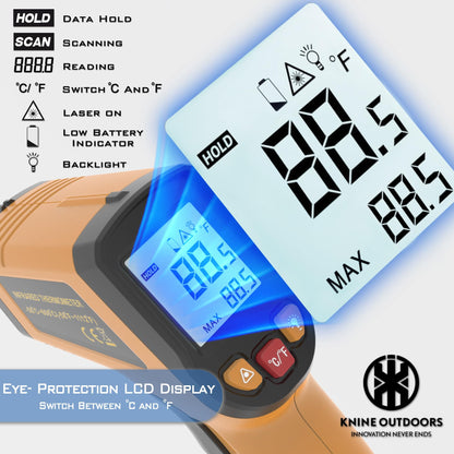 KNINE OUTDOORS Infrared Thermometer Laser Temperature Gun, -58℉ to 1112℉, Single Laser Targeting, Distance to Spot Ratio 12:1, for Cooking, Oven and Meat (Orange)