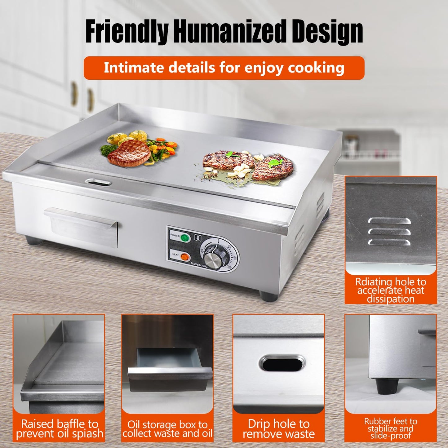 ExGizmo 22" Commercial Electric Griddle,Electric Countertop Flat Top Griddle,110V 1600W Electric Flat Top Grill,Non-Stick Restaurant Teppanyaki Stainless Steel Grill,Adjustable Temperature Control