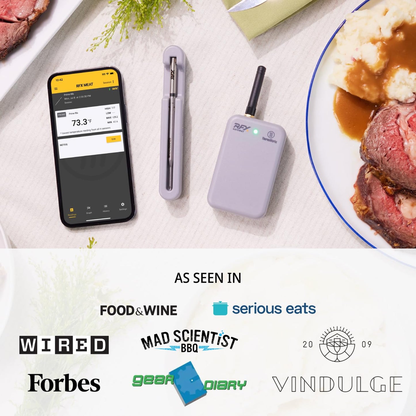 ThermoWorks RFX | Smart Wireless Meat Thermometer | Wi-Fi & Radio Frequency | Stronger Signal Than Bluetooth | Meat Probe for Use in Smoker, Grill, BBQ, Oven - 1-Probe Kit