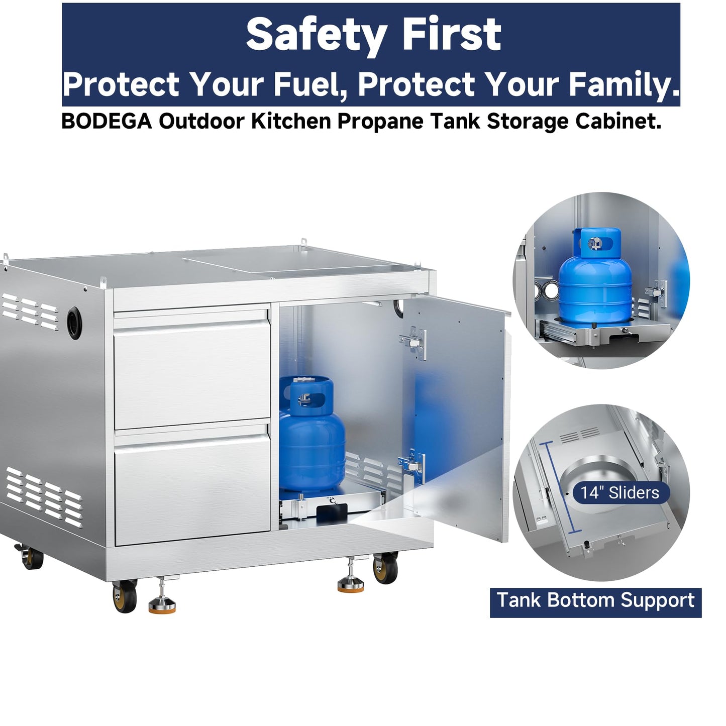 BODEGA Stainless Steel Outdoor Kitchen Drawer Cabinet for Built-in BBQ Grill with 2 Drawers and Propane Tank Storage,Outdoor kitchen storage perfect for Outdoor Kitchen BBQ Island.For all weather use.