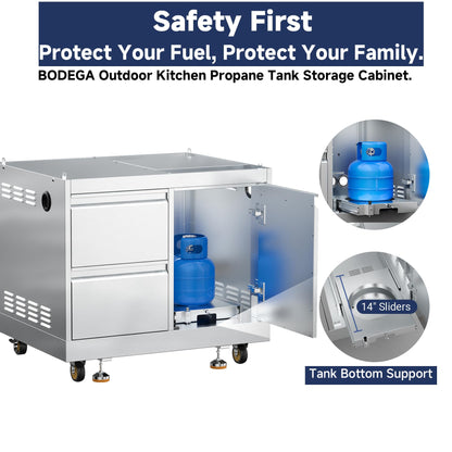 BODEGA Stainless Steel Outdoor Kitchen Drawer Cabinet for Built-in BBQ Grill with 2 Drawers and Propane Tank Storage,Outdoor kitchen storage perfect for Outdoor Kitchen BBQ Island.For all weather use.