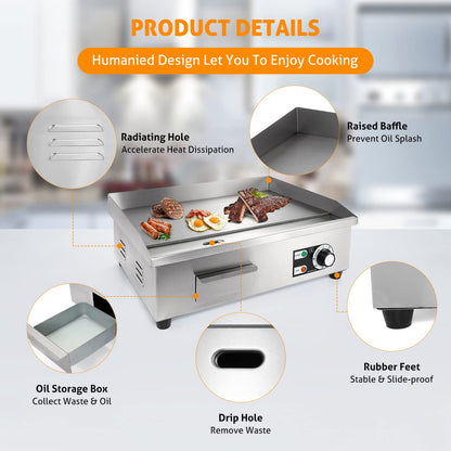 WICHEMI Commercial Electric Griddle 22" 3000W Flat Top Grill Countertop Griddle Stainless Steel Teppanyaki Grill w/Iron Cooking Plate for Restaurant Kitchen, 110V