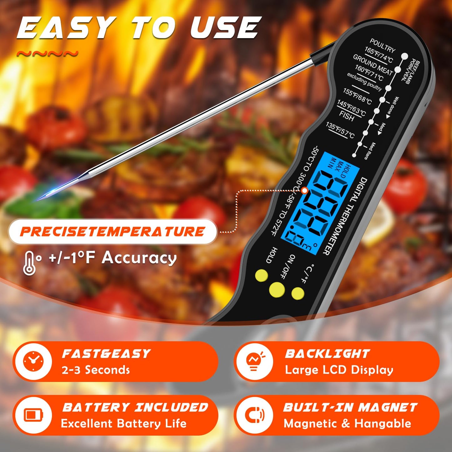 TRAUSI Instant Read Meat Thermometer, Fast & Accurate Digital Food Thermometer with Backlight, Waterproof & Magnet for Grilling, Cooking, BBQ, Smoker, Baking, and Candy Making