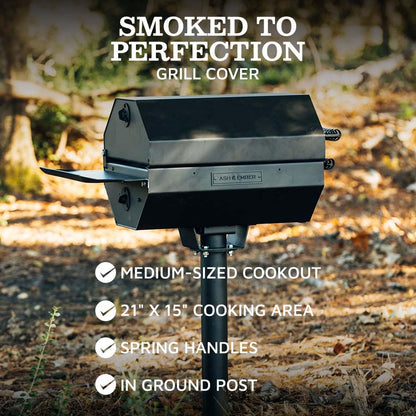 Ash & Ember Park-Style Grill/Smoker, 390 Sq. Inch Charcoal Grill with Cover, 21" x 15" Grate, Side Shelf for Food Prep & Accessories, Single Post Permanent Park-Style Grill for Outdoor Backyard BBQ