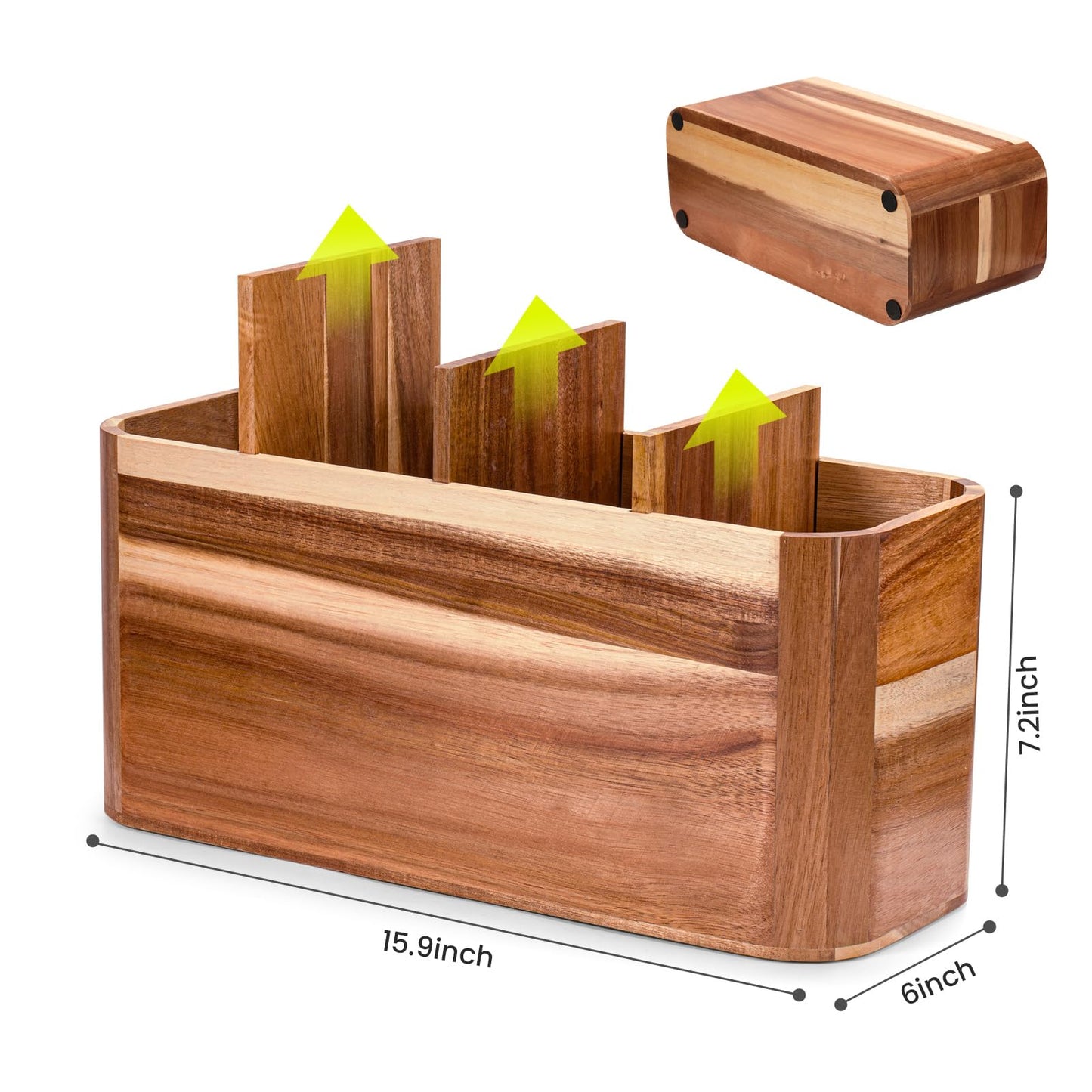 Utensil holder for Kitchen Counter - Large Kitchen Utensil Holder Organizer for Counter or Countertop, Large Wooden Utensil Holder with 4 Compartment（Acacia Wood）