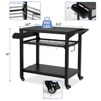 Spurgehom Grill Cart, Pizza Oven Stand Table with Wheels, Outdoor Movable Kitchen Cooking Prep Table BBQ Cart with Mesh Racks for Home Party, Bar, Camping