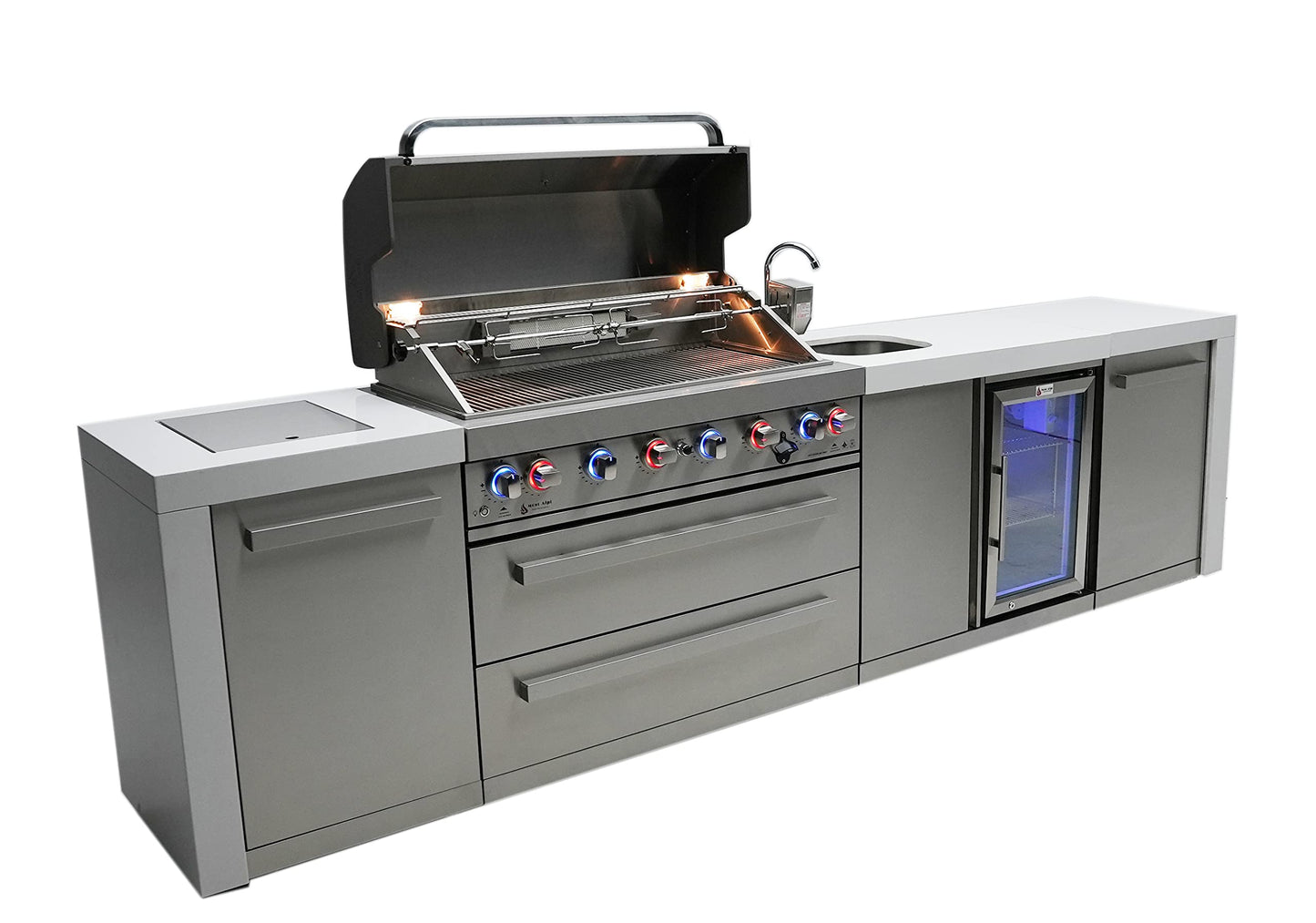 Mont Alpi MAi805-DBEV-COMBO 44-inch 6 Burner 115000 BTU Deluxe Stainless Steel Gas Outdoor Kitchen Island Barbecue Grill with Beverage Center + Side Burner Pizza Oven, Charcoal Tray & Griddle Plate