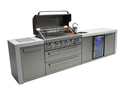 Mont Alpi MAi805-DBEV-COMBO 44-inch 6 Burner 115000 BTU Deluxe Stainless Steel Gas Outdoor Kitchen Island Barbecue Grill with Beverage Center + Side Burner Pizza Oven, Charcoal Tray & Griddle Plate