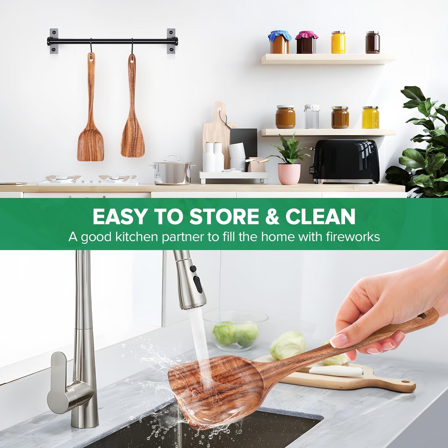 Teak Wood Spatula for Cooking, Wooden Kitchen Cooking Utensil, Large Long Handle Solid Wok Spatula Flipper with Raised Sides for Serving Scooping Frying Mixing Stirring Eggs Beans,Non-Toxic,13.4″,1Pk