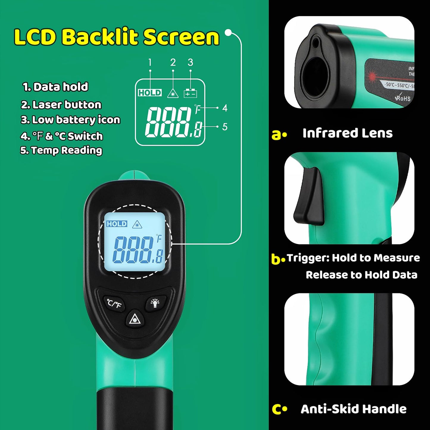 OnniOne Infrared Thermometer Gun for Cooking, -58℉~1022℉, Digital Laser Temperature Gun for Blackstone Pizza Oven Reptiles, IR Thermometer with Carrying Storage Case, Larger Font, LCD Backlit, Green