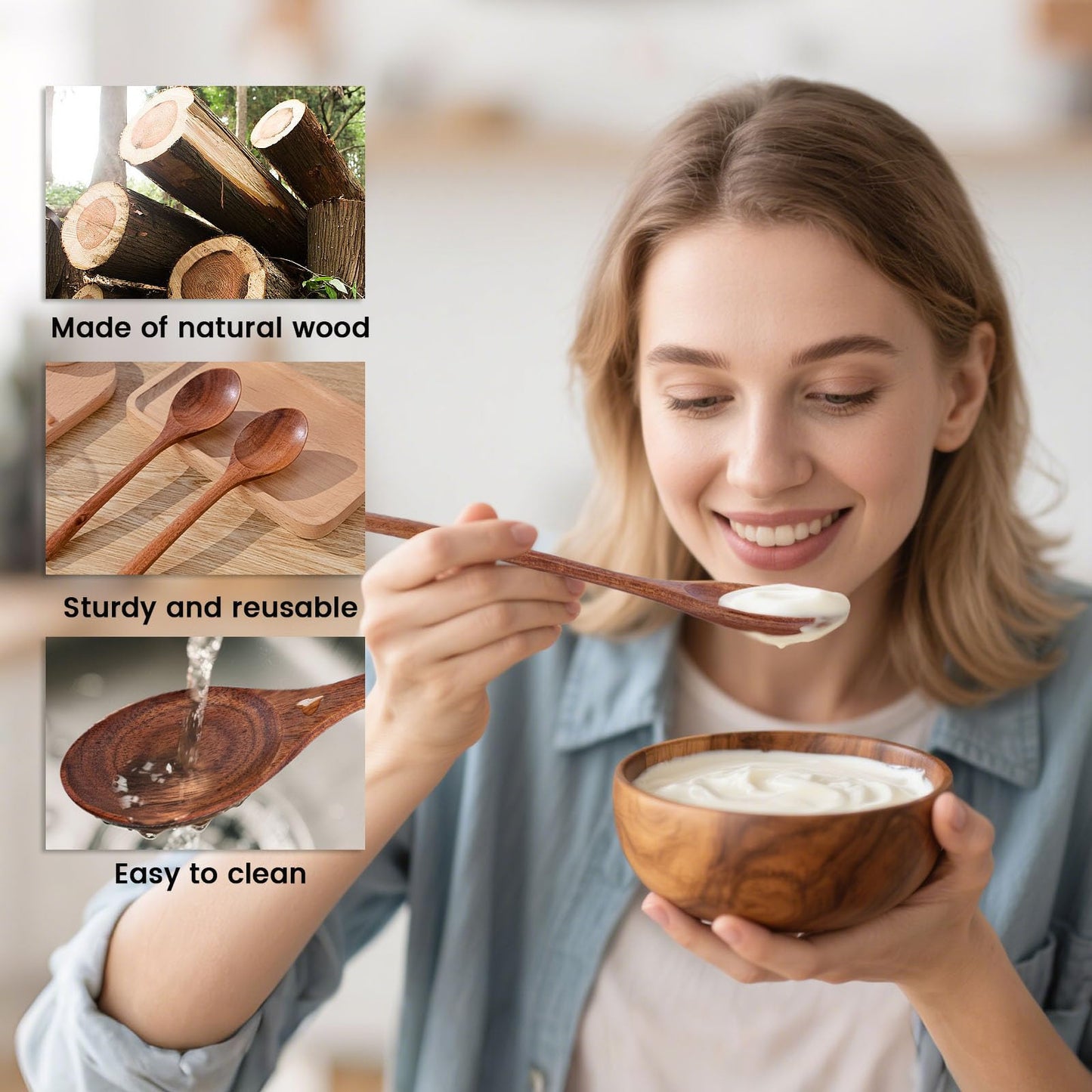 HAKSEN Wooden Spoons for Eating, 8.2 Inch Wood Mixing Soup Spoon with Long Handle for Korean Food Daily Meal Stirring Sauce Coffee, 6PCS
