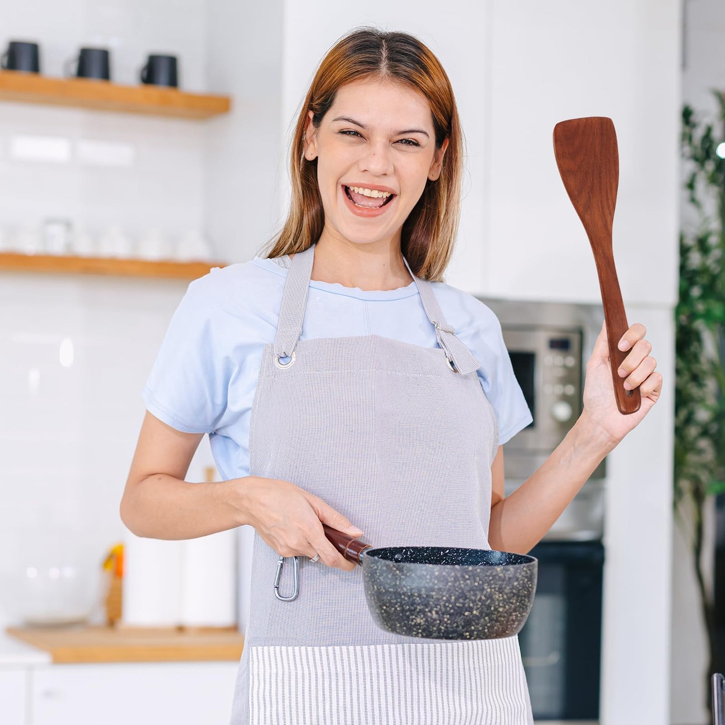 2PCS Wooden Spatula Set for Cooking - 12.8 Inches Natural Wood Spatulas for Non-stick Cookware, Flat Horn-Shaped Frying Spatulas, Long Handle Wooden Cooking Utensils