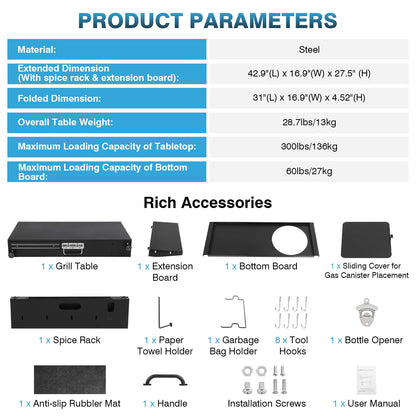 IRONWALLS Outdoor Grill Table Cart, 31"L x 17" W Folding Grilling Cart with Wheels, Portable Griddle Stand Pizza Oven Table, Food Prep Table, Wood-fire Grill Stand for Barbecue, Camping
