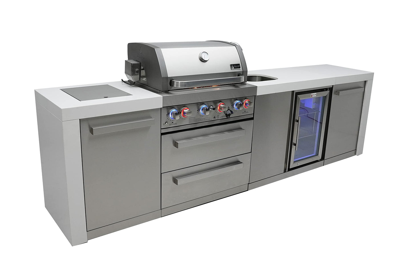 Mont Alpi MAi400-DBEV 32-inch 4 Burner 78000 BTU Deluxe Stainless Steel Modular Outdoor Kitchen Island Barbecue Grill with Beverage Center + Granite Countertops & Sides + Rotisserie and Grill Cover