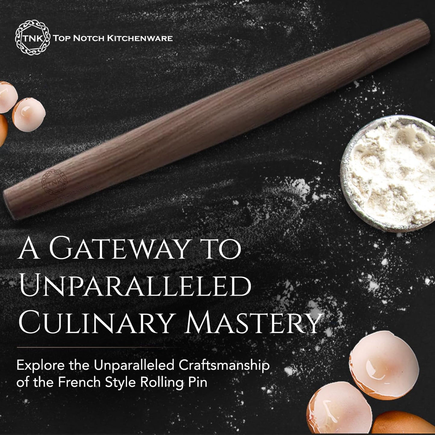 Premium Black Walnut French Style Rolling Pin - Tapered, Non-Stick, Ergonomic Design for Precision Baking, 18 Inches By Top Notch Kitchenware