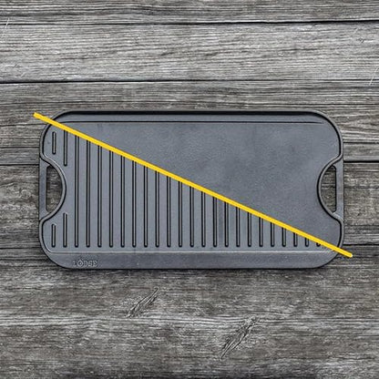 Lodge Pro-Grid Reversible Grill/Griddle - 20 Inches x 10.5 Inches - Dual-Sided Cast Iron Griddle - Double Burner Grill - Even Heat Distribution - PFAS-Free Non-Toxic Cookware