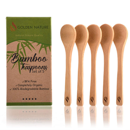 Golden Nature Bamboo Spoon Set (5 Pc), Small Kitchen Teaspoons, Tiny Wooden Spoons Perfect for Sugar, Spices, Seasoning, Coffee, Jam, Herbs, Honey & Dessert