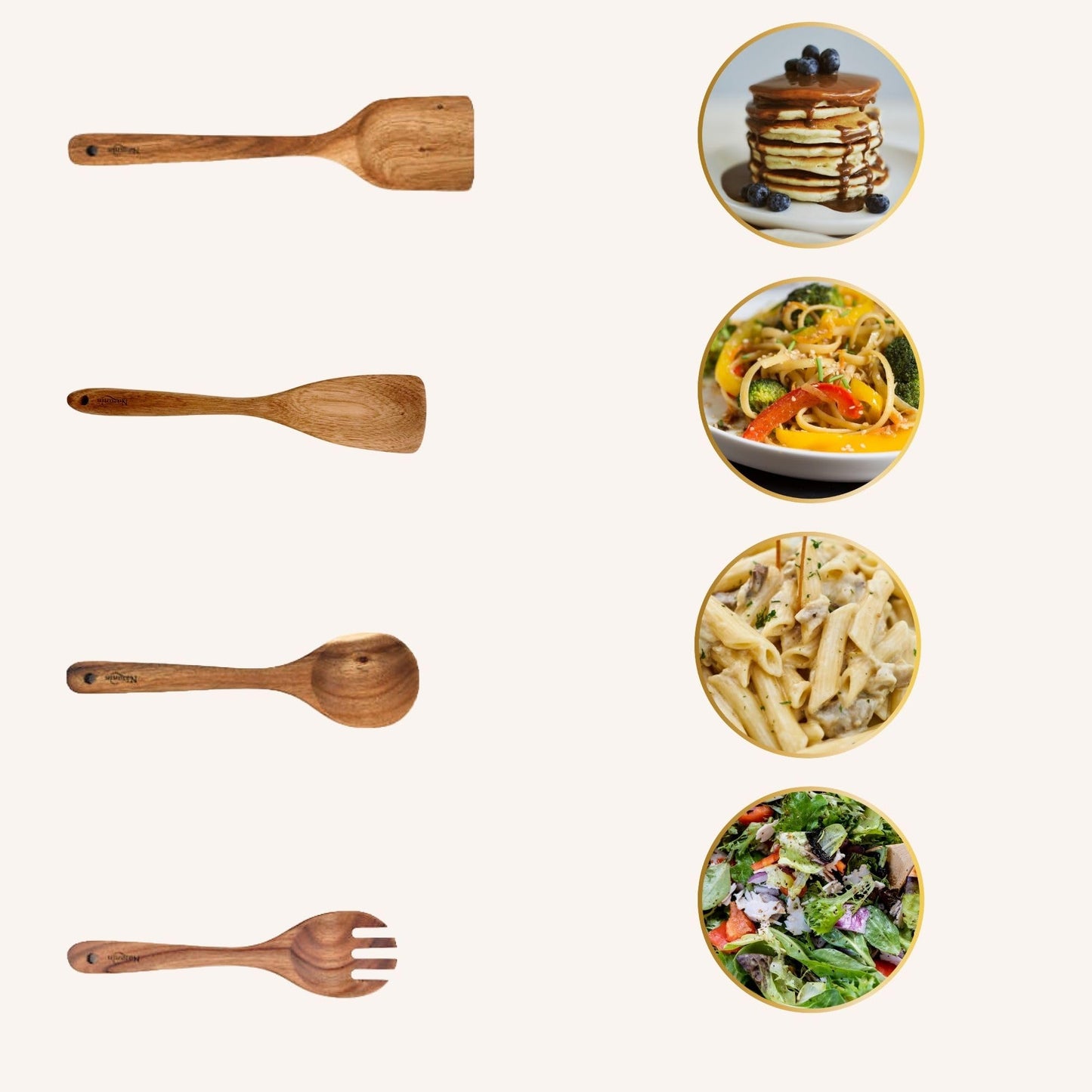 NAZANIN 9-Piece Natural Acacia Wood Kitchen Utensil Set with Holder & Spoon Rest, Wooden Spoon Set for Nonstick Pans & Cookware, Durable, Lightweight, Heat Resistant, & Non-Scratch Cooking Spoons