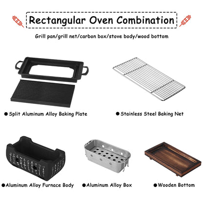 Hibachi Grill, Japanese BBQ Grill Portable Japanese Charcoal Grill Barbecue Stove Barbecue Stove with Wooden Base for Home Party (Size 24X12.5cm)