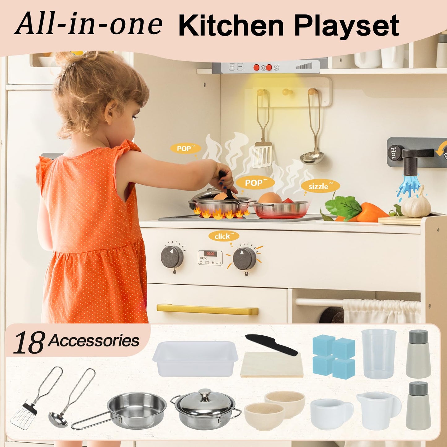 Deli Kids Kitchen Playset, Realistic Wooden Kitchen Playset for Toddlers & Kids with Lights, Sounds & Storage, Ideal Gift for Boys & Girls