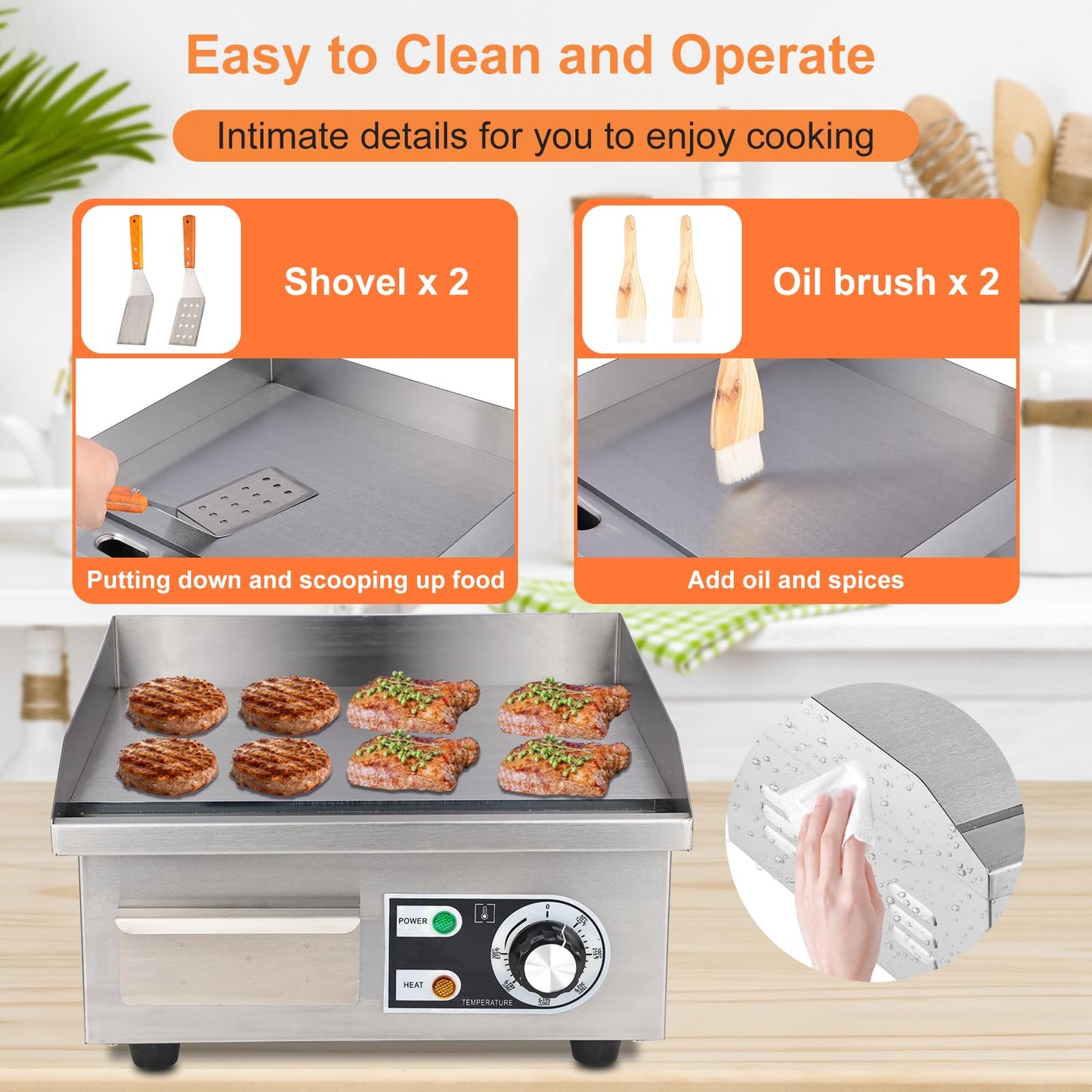 Commercial Electric Griddle, 14" Electric Countertop Flat Top Griddle,1600W 110V Non-Stick Electric Flat Top Grill Stainless Steel Teppanyaki Grill,122℉-572℉ Adjustable Temperature for Restaurant Home