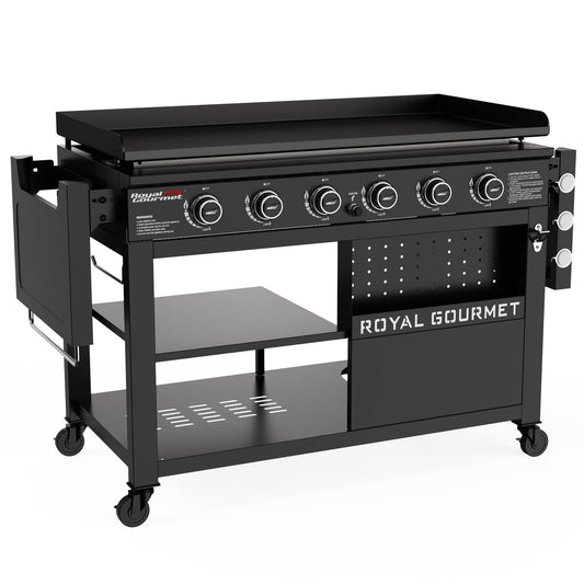 Royal Gourmet GB6000 6 Burner Propane Gas Griddle with Folding Side Tables, 44-Inch Flat Top Grill with Double-Layer Bottom Shelves for Outdoor Party or Backyard Barbecue, Black