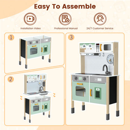 Uiirvdy Play Kitchen Wooden Kids Kitchen Playset Pretending Toys for Toddlers with Real Lights & Sounds, 3 Heights Adjustable, Chalkboard, 35Pcs Toy Food & Cookware Accessories-Green