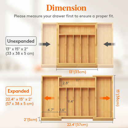 Lifewit Silverware Drawer Organizer, Expandable Utensil Tray for Kitchen, Bamboo Flatware and Cutlery Holder, Wood Adjustable Storage for Spoons Forks Knives, Large, Natural