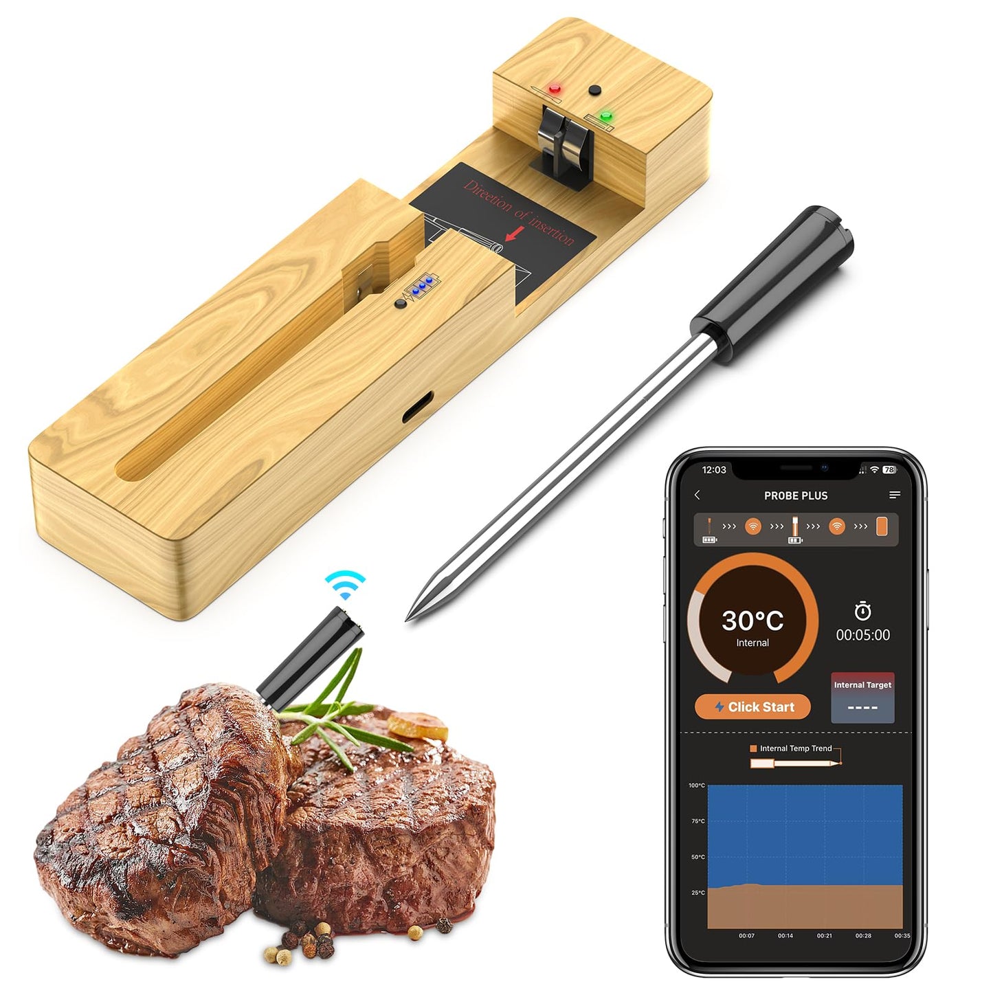 Wireless Meat Thermometer Bluetooth: with Ceramic Probe for Grilling/Cooking/BBQ - Waterproof Digital Oven Food Thermometer, 600Ft Range & Smart App Compatibility iOS/Android/Air Fryer