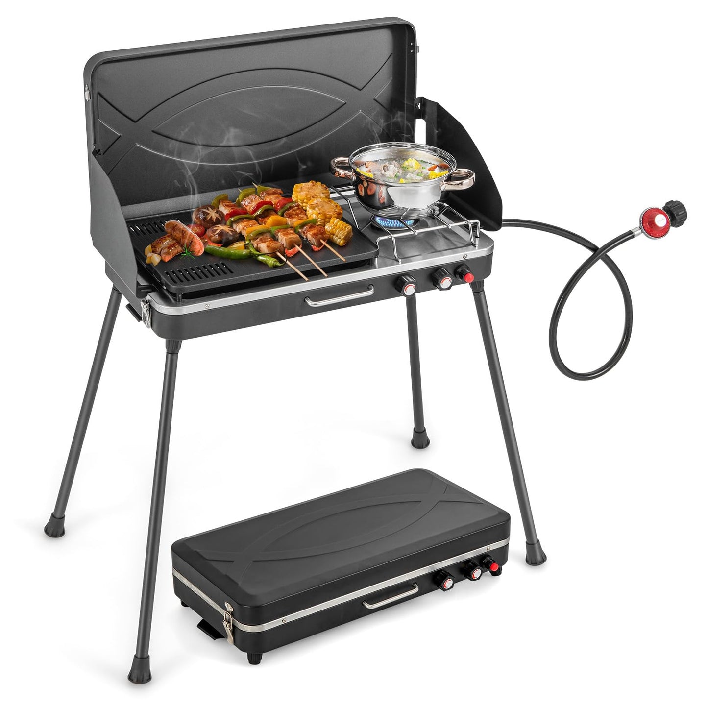 Giantex Portable Propane Grill & Camping Stove, 20,000 BTU Gas Camping Grill Burner, Independent Temperature Control, 3-Sided Wind Guard, Detachable Legs, for BBQ, Tailgating, Outdoor Cooking (Black)