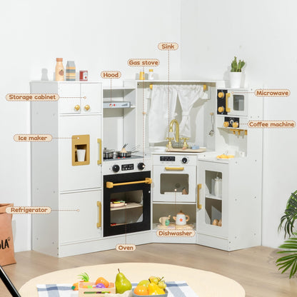 Interactive Wooden Toy Play Kitchen Playset for Kids – Realistic Lights & Sounds, Corner Design with 8 Accessories, Gift for Girls & Boys Ages 3+