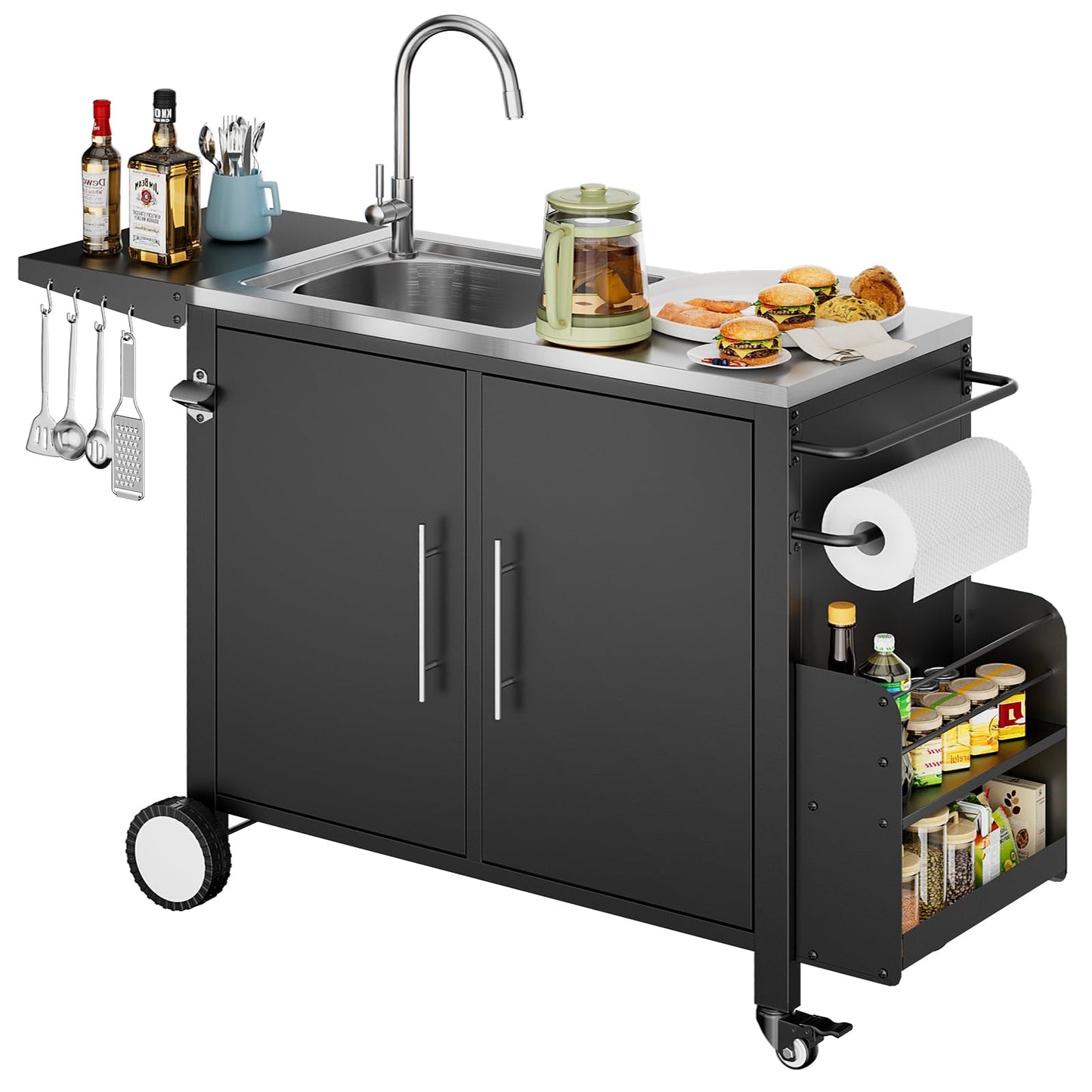 ROOMTEC Outdoor Grill Cart with Stainless Steel Sink, Rolling Metal Prep Table & Storage Cabinet, BBQ Kitchen Island for Patio or Garden