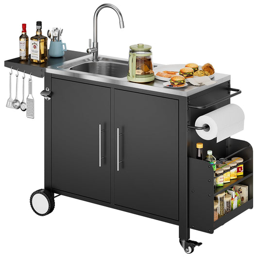 ROOMTEC Outdoor Grill Cart with Stainless Steel Sink, Rolling Metal Prep Table & Storage Cabinet, BBQ Kitchen Island for Patio or Garden