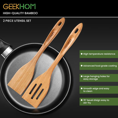 GEEKHOM Bamboo Spatulas for Nonstick Cookware, 13 Inch Wooden Kitchen Utensils, 2 Pack Wooden Spatula for Cooking, Slotted Wok Turners, Flipper for Pancake, Fish, Egg