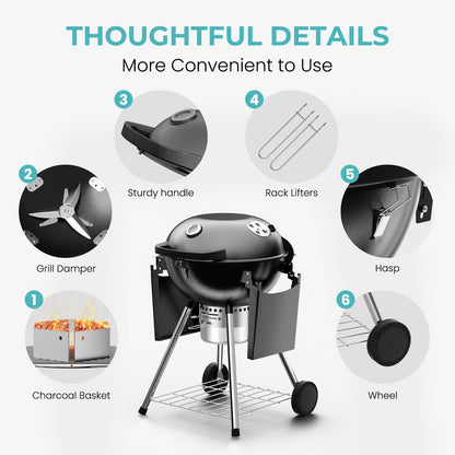 22 inch Charcoal Grills with Table, Portable BBQ Grill for Outdoor Camping, Barbecue Grill with Cover, Ash Catcher, and 2 Charcoal Boxes, 2 Wheeled Kettle Grill for Outdoor Cooking Family Party