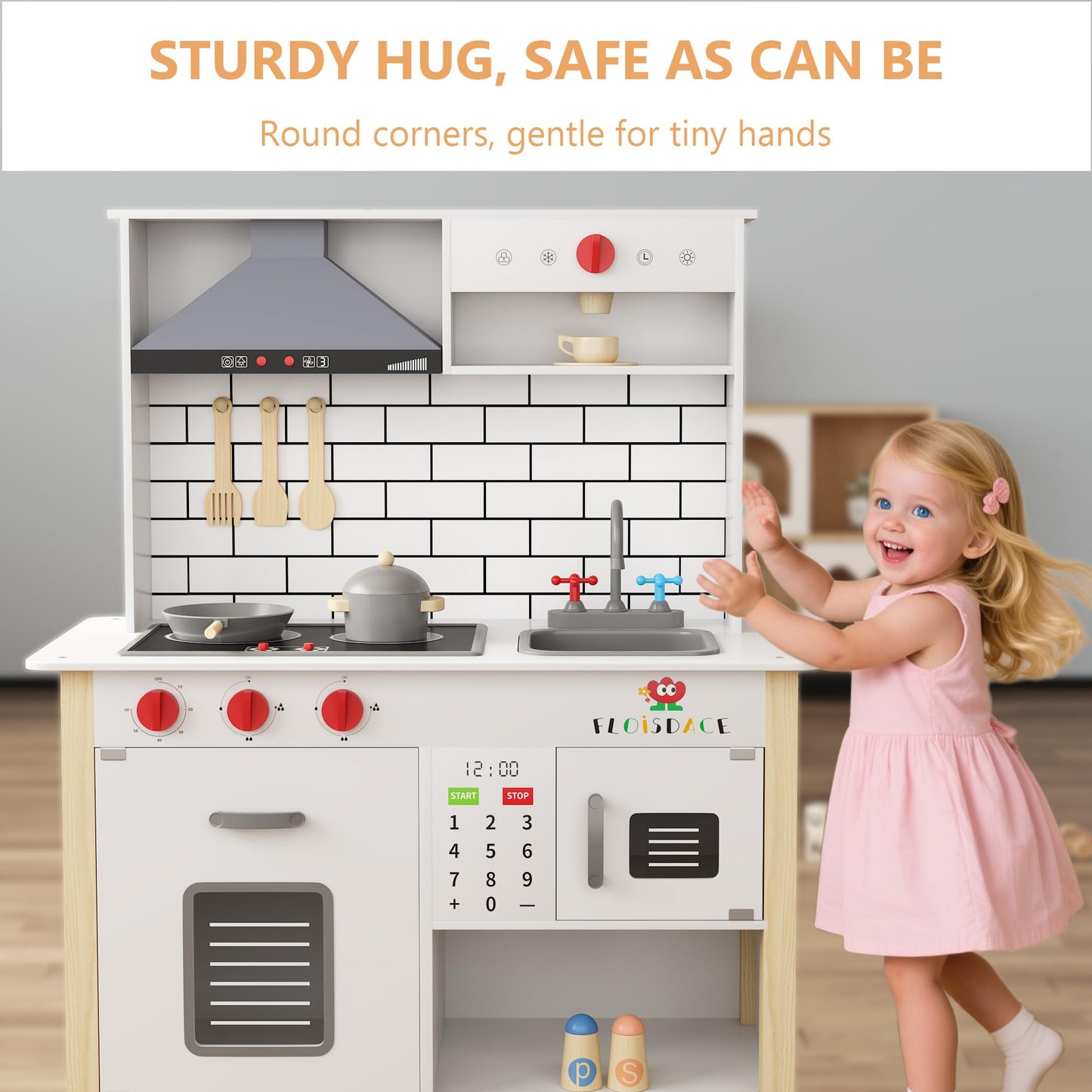 Wooden Play Kitchen for Kids, Interactive Kitchen Playset with Microwave, Range Hood Lights & Sounds, Stove, Sink, and Accessories, Realistic Toy Kitchen, for Boys & Girls