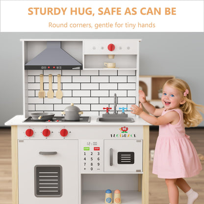 Wooden Play Kitchen for Kids, Interactive Kitchen Playset with Microwave, Range Hood Lights & Sounds, Stove, Sink, and Accessories, Realistic Toy Kitchen, for Boys & Girls