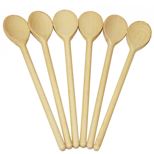 12 Inch Long Wooden Spoon Set by BICB | Natural Beechwood Mixing Spoons for Baking, Cooking & Stirring | Set of 6 Long Wooden Spoons | Cookware Sauce Spoons | Wood Mixing Spoon Set