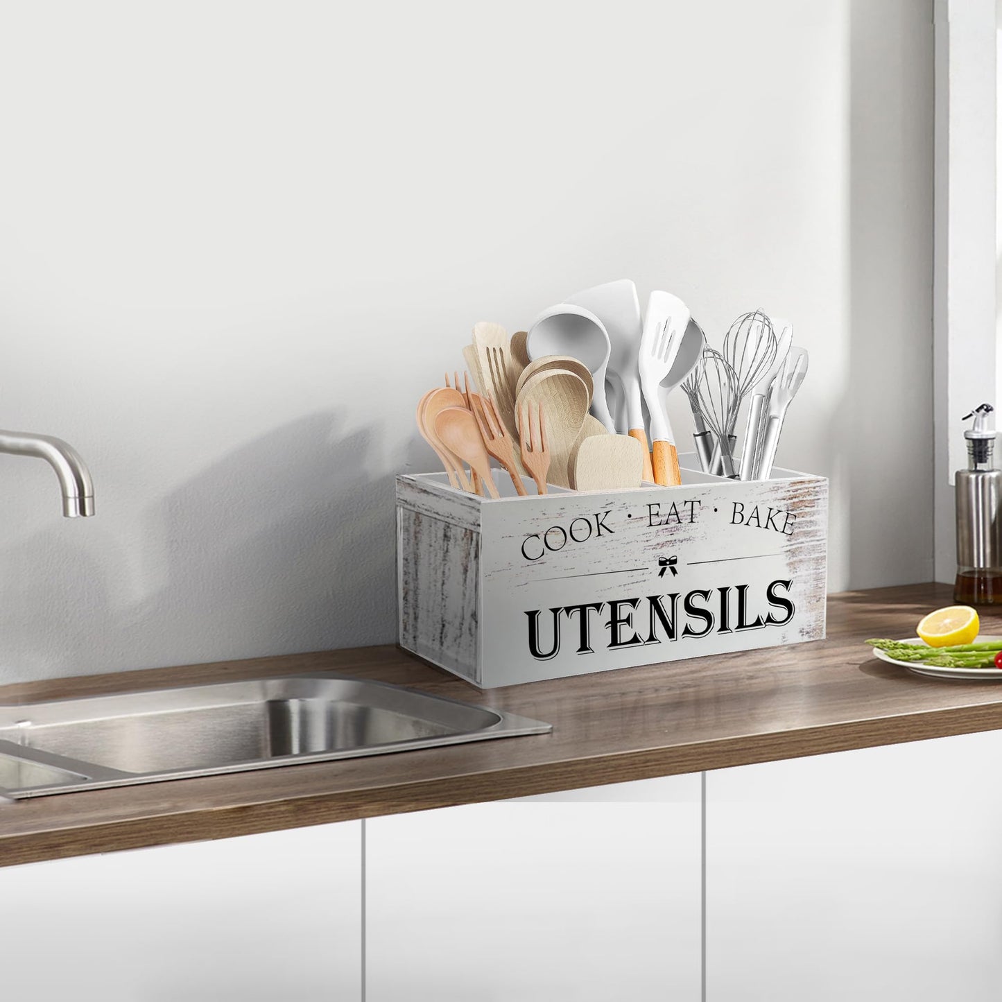 Suli Extra Large Kitchen Utensils Holder with 4 Compartments, Wooden Utensil Organizer for Kitchen Countertop, Farmhouse Decor, Rustic Cooking Utensil - White grain