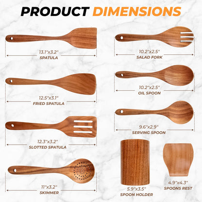 AIUHI Natural Solid Teak Wooden Cooking Utensils for Nonstick Cookware, Wooden Kitchen Utensils Set Includes Spoons, Spatulas, Strainer Spoon, Salad Fork with Holder and Spoon Rest (9PCS)